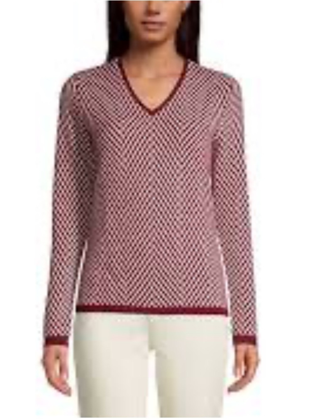 Lands' End Burgundy and White V-Neck cashmere Patterned Sweater XS